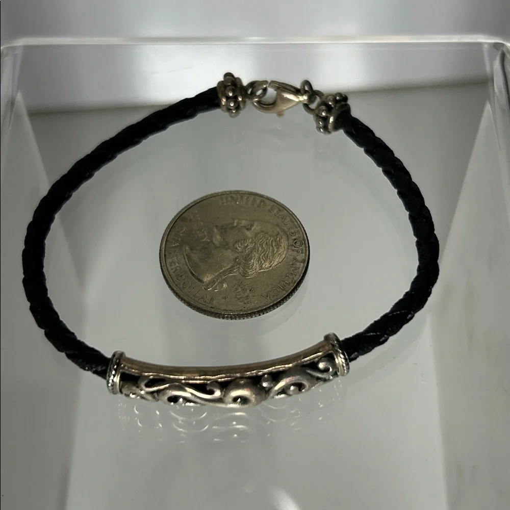 NWOT Carolyn Pollack Sterling Silver Scroll Slide On Braided Leather Bracelet